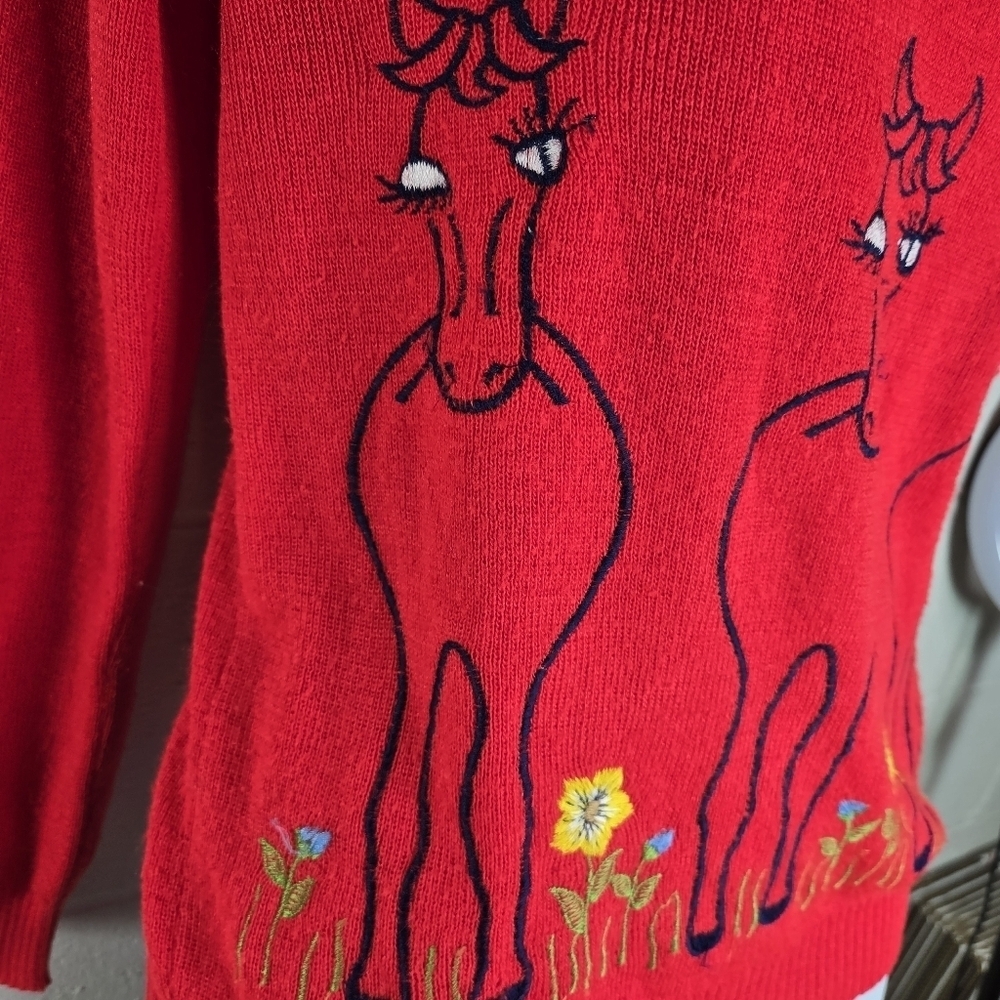 Vtg 70s red embroidered novelty equestrian cute horses v neck sweater reed hill - Picture 10 of 11